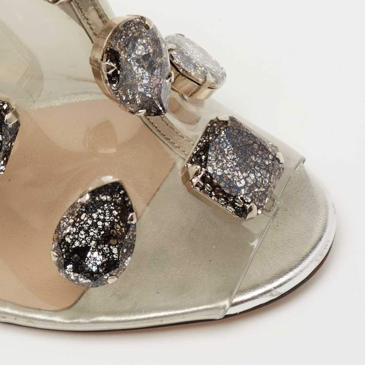 Pre Owned Jimmy Choo Silver Leather and PVC Crystal Embellished Mule Sandals Size 38