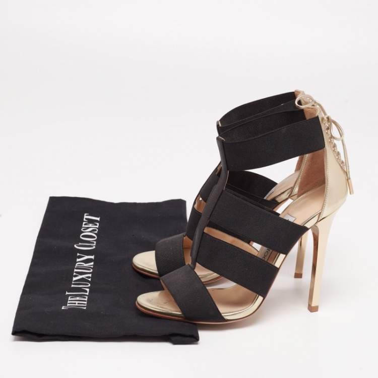Pre Owned Jimmy Choo Gold/Black Leather And Elastic Cage Sandals Size 36 
