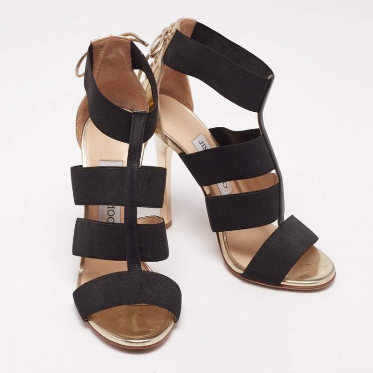 Pre Owned Jimmy Choo Gold/Black Leather And Elastic Cage Sandals Size 36 