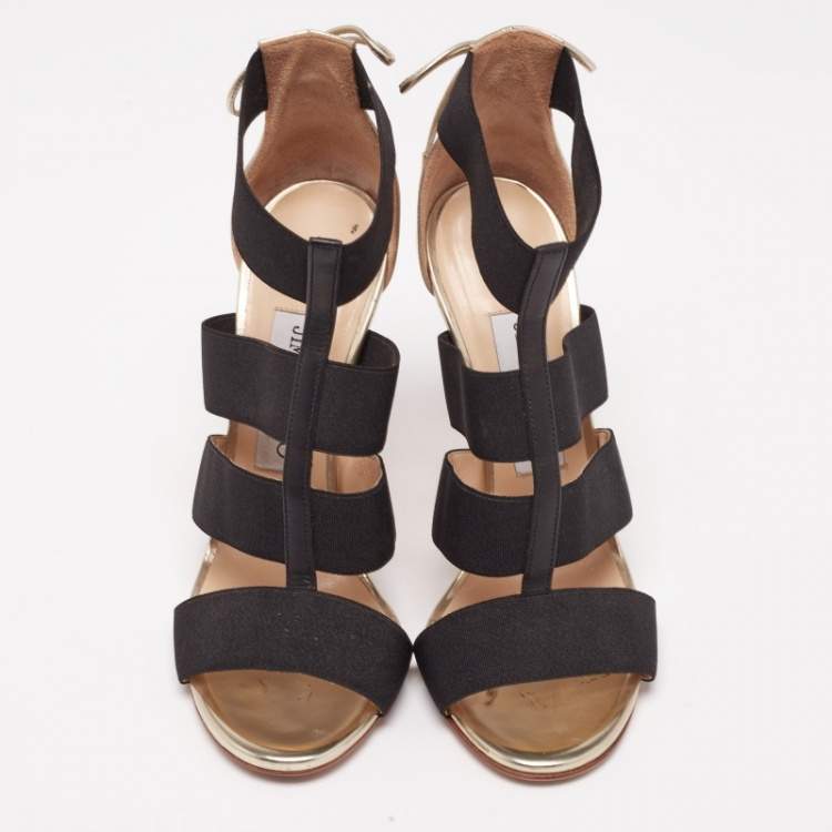 Pre Owned Jimmy Choo Gold/Black Leather And Elastic Cage Sandals Size 36 