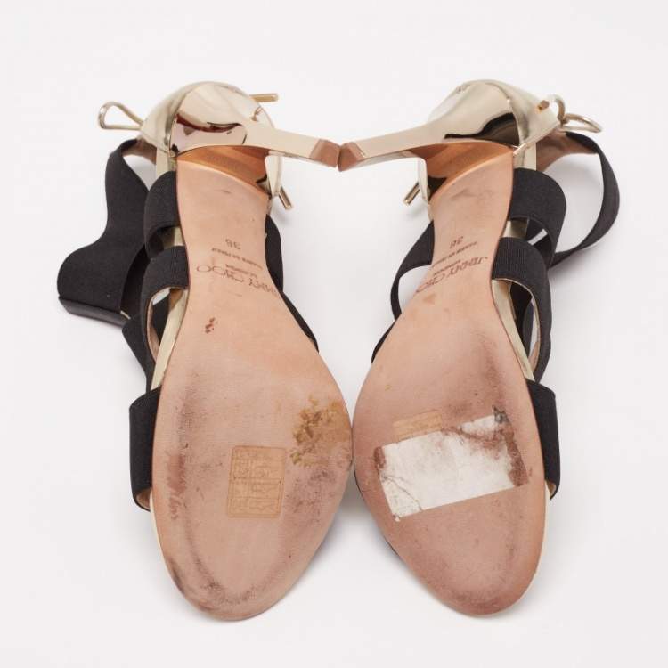 Pre Owned Jimmy Choo Gold/Black Leather And Elastic Cage Sandals Size 36 