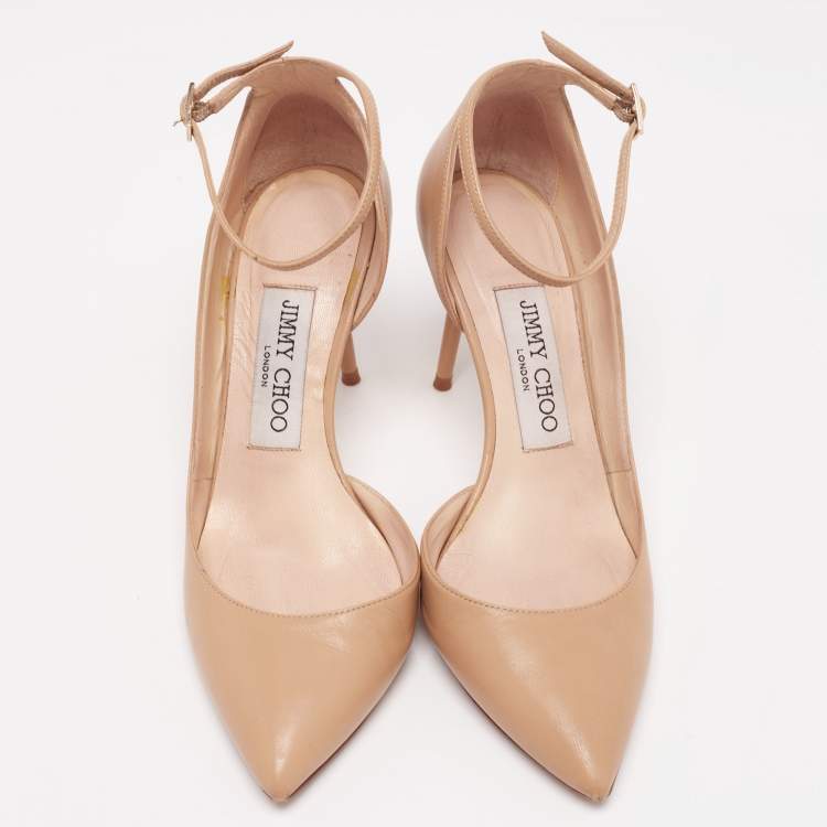 Pre Owned Jimmy Choo Beige Leather Lucy Ankle-Strap Pumps Size 35.5