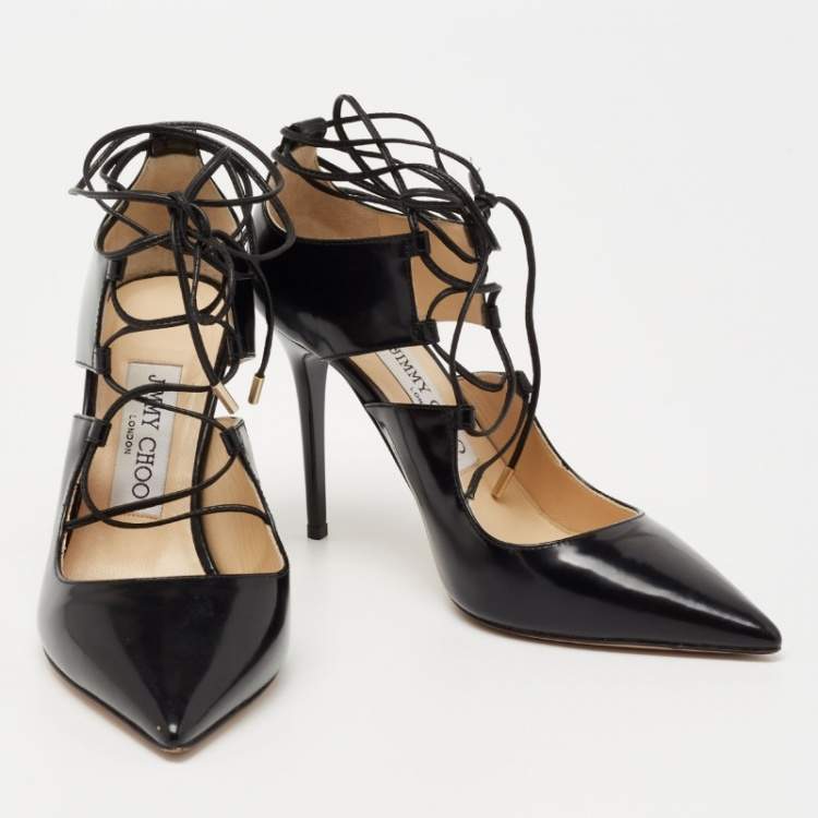 Pre Owned Jimmy Choo Black Leather Hoops Lace Up Pumps Size 35.5