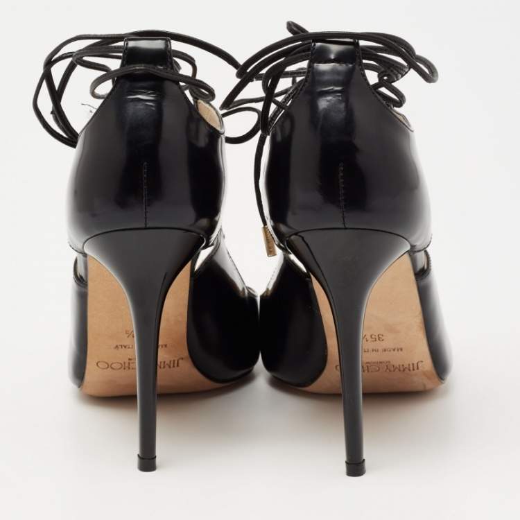 Pre Owned Jimmy Choo Black Leather Hoops Lace Up Pumps Size 35.5