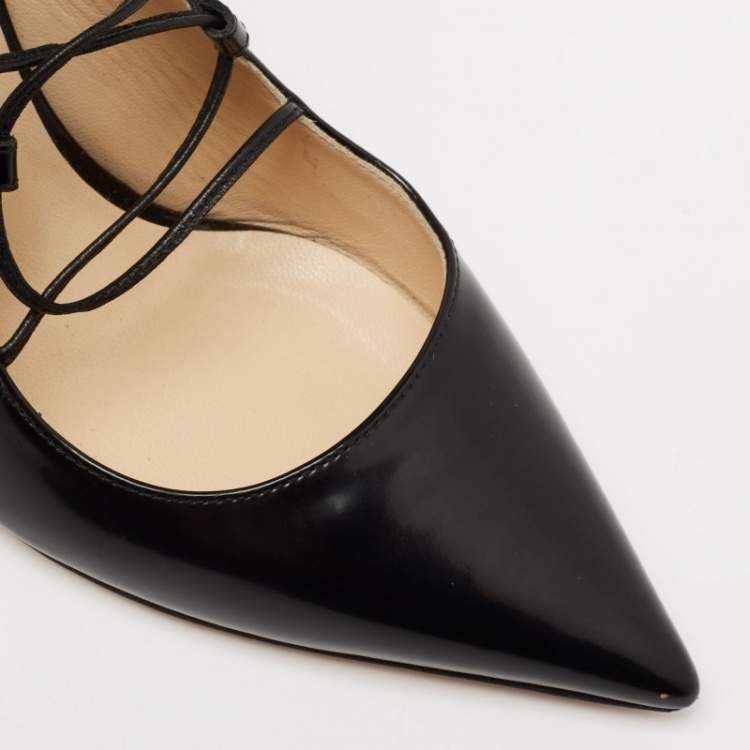 Pre Owned Jimmy Choo Black Leather Hoops Lace Up Pumps Size 35.5