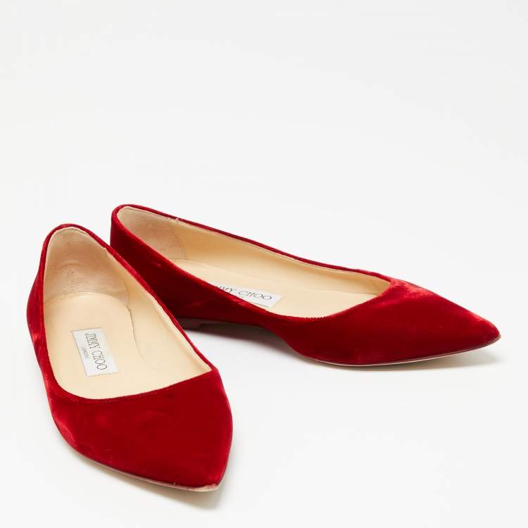 Pre Owned Jimmy Choo Deep Red Velvet Romy Ballet Flats Size 35