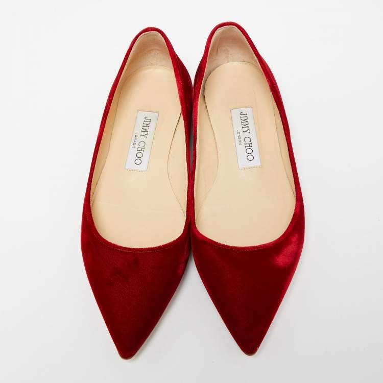 Pre Owned Jimmy Choo Deep Red Velvet Romy Ballet Flats Size 35
