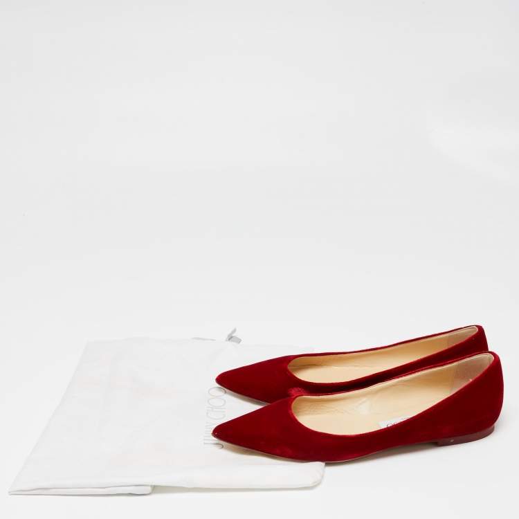 Pre Owned Jimmy Choo Deep Red Velvet Romy Ballet Flats Size 35