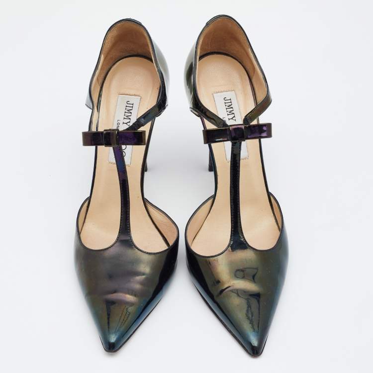 Pre Owned Jimmy Choo Black Patent Leather Bow Talan T-strap Pointed Toe Pumps Size 37