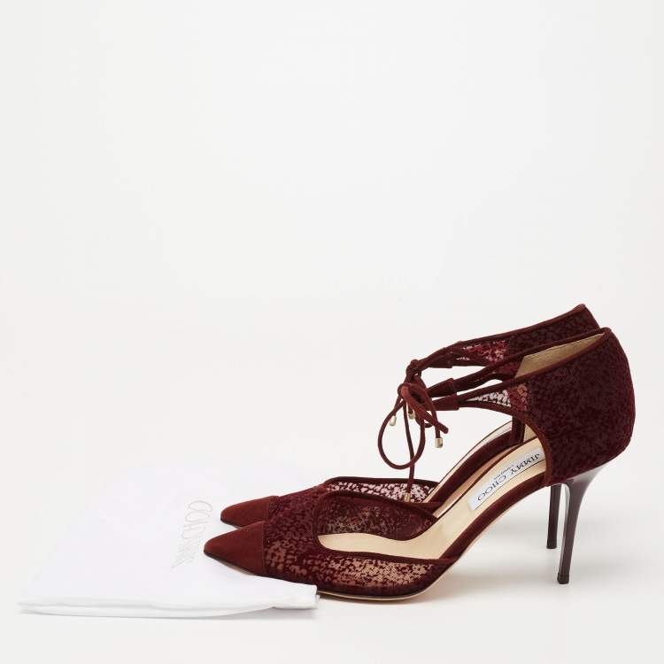 Pre Owned Jimmy Choo Burgundy Velvet, Mesh and Suede Vince Ankle Tie Sandals Size 41