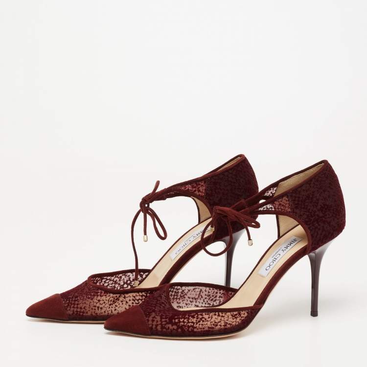 Pre Owned Jimmy Choo Burgundy Velvet, Mesh and Suede Vince Ankle Tie Sandals Size 41
