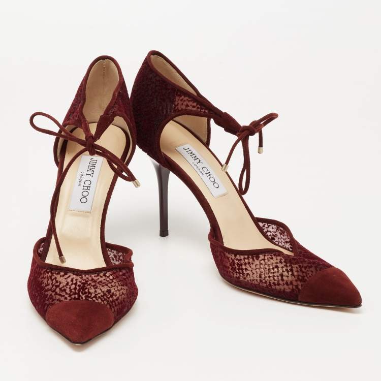 Pre Owned Jimmy Choo Burgundy Velvet, Mesh and Suede Vince Ankle Tie Sandals Size 41