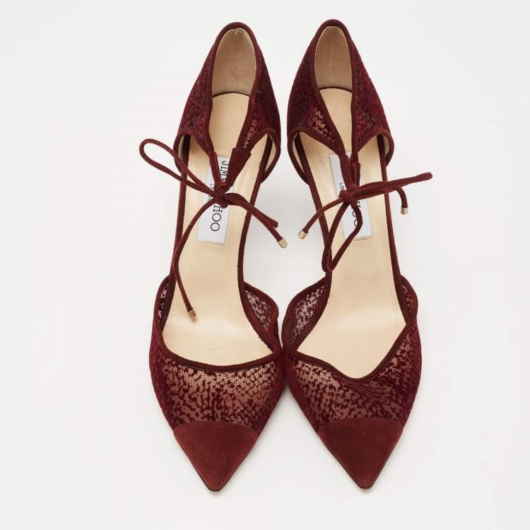 Pre Owned Jimmy Choo Burgundy Velvet, Mesh and Suede Vince Ankle Tie Sandals Size 41