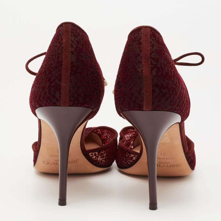 Pre Owned Jimmy Choo Burgundy Velvet, Mesh and Suede Vince Ankle Tie Sandals Size 41