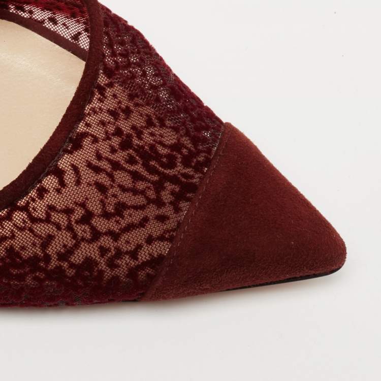 Pre Owned Jimmy Choo Burgundy Velvet, Mesh and Suede Vince Ankle Tie Sandals Size 41