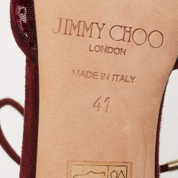 Pre Owned Jimmy Choo Burgundy Velvet, Mesh and Suede Vince Ankle Tie Sandals Size 41