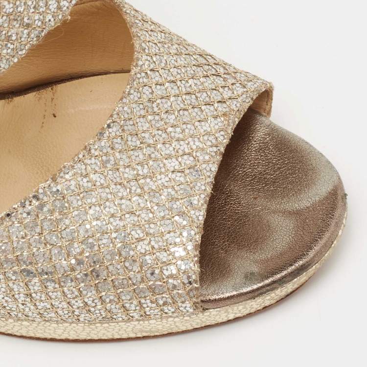 Pre Owned Jimmy Choo Gold/Silver Glitter Private Sandals Size 36.5