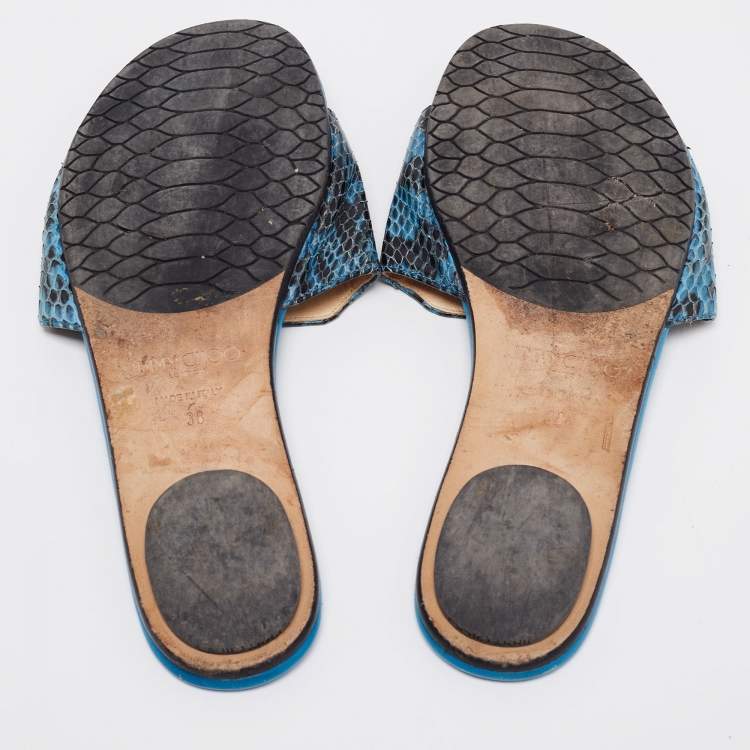 Pre Owned Jimmy Choo Blue/Black Snakeskin Leather Nanda Flat Slide Sandals Size 38