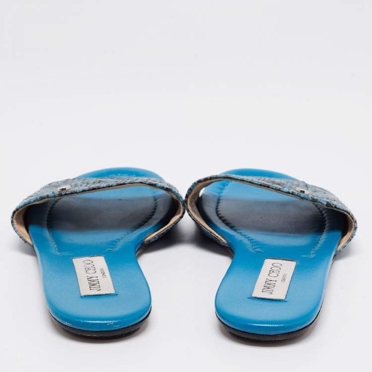 Pre Owned Jimmy Choo Blue/Black Snakeskin Leather Nanda Flat Slide Sandals Size 38