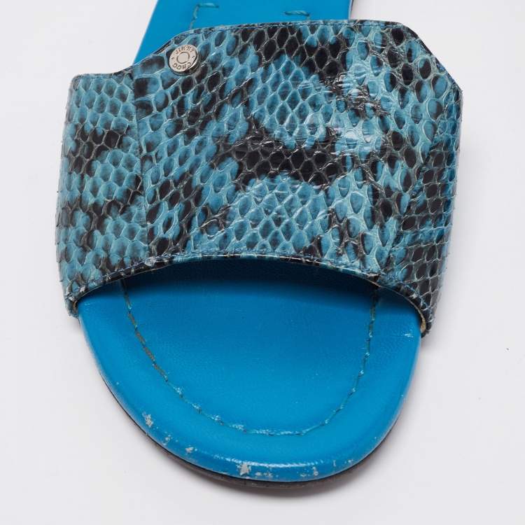 Pre Owned Jimmy Choo Blue/Black Snakeskin Leather Nanda Flat Slide Sandals Size 38