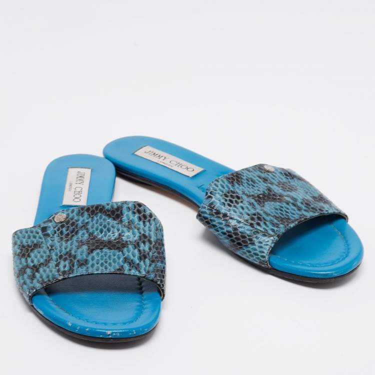 Pre Owned Jimmy Choo Blue/Black Snakeskin Leather Nanda Flat Slide Sandals Size 38