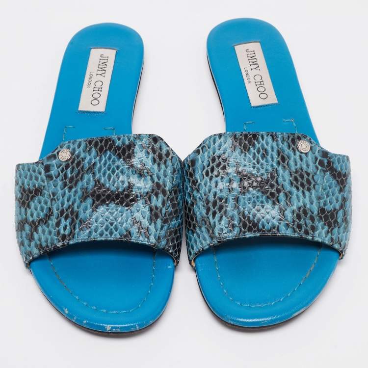 Pre Owned Jimmy Choo Blue/Black Snakeskin Leather Nanda Flat Slide Sandals Size 38
