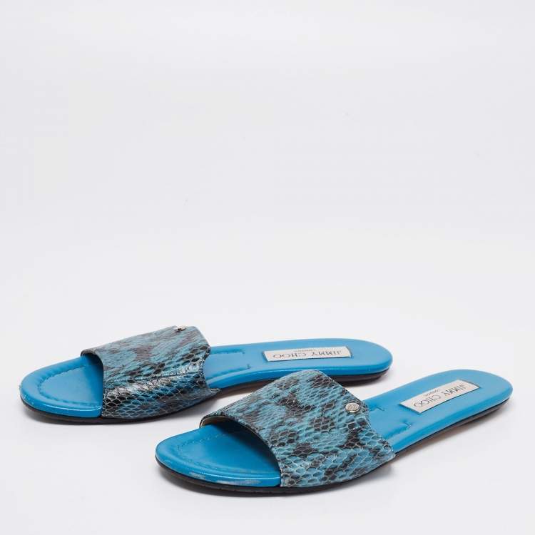 Jimmy Choo Blue/Black Snakeskin Leather Nanda Flat Slide Sandals Size ...
