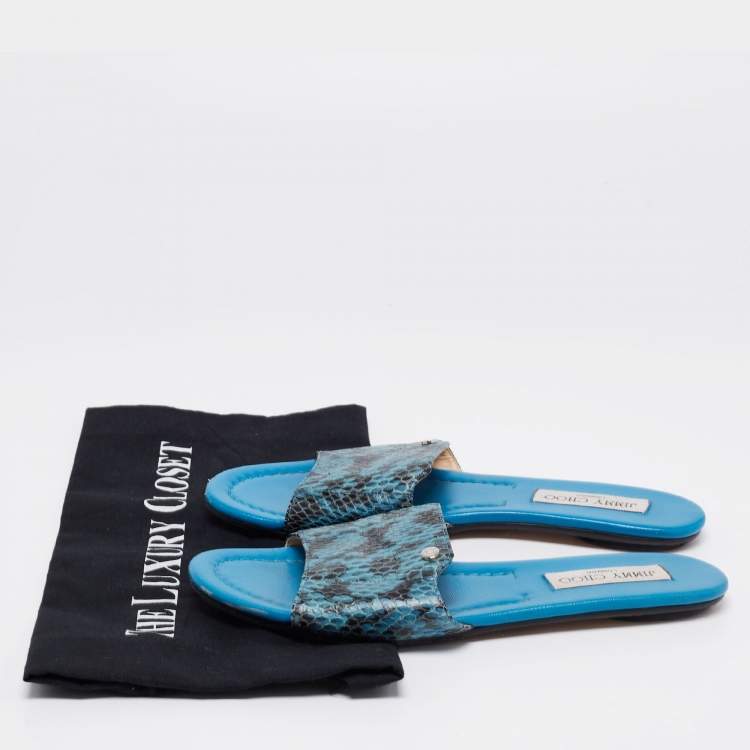 Pre Owned Jimmy Choo Blue/Black Snakeskin Leather Nanda Flat Slide Sandals Size 38