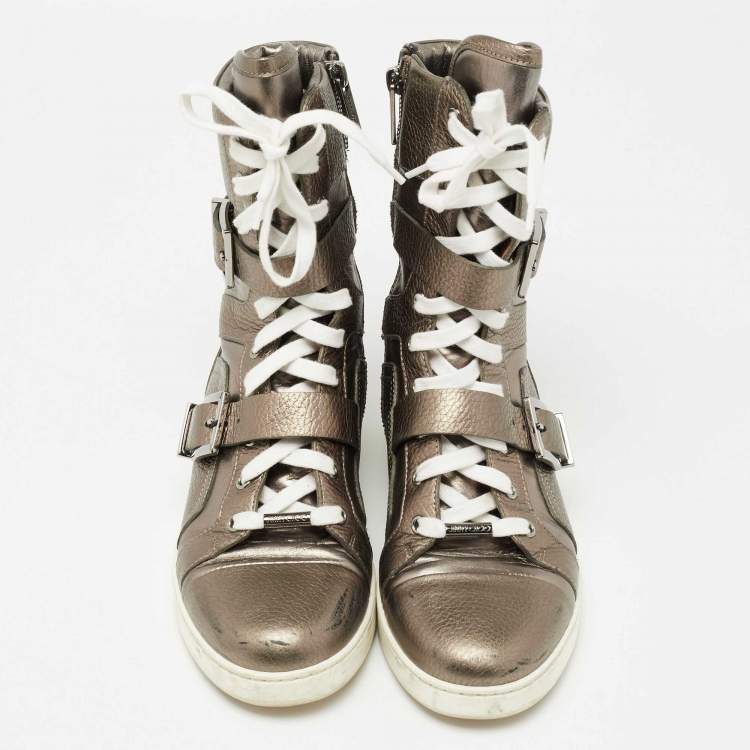 Pre Owned Jimmy Choo Metallic Grey Leather Ankle Length Boots Size 37