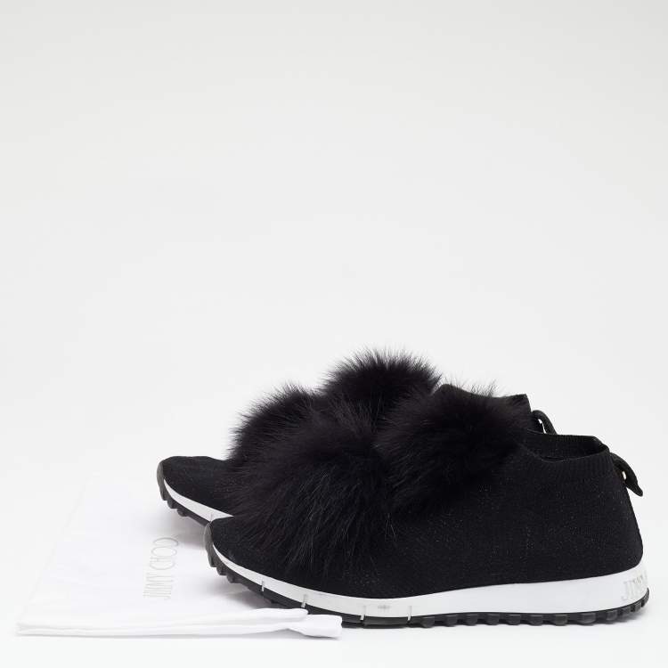 Pre Owned Jimmy Choo Black Knit Fabric And Fur Pom Pom Norway Slip On Sneakers Size 40