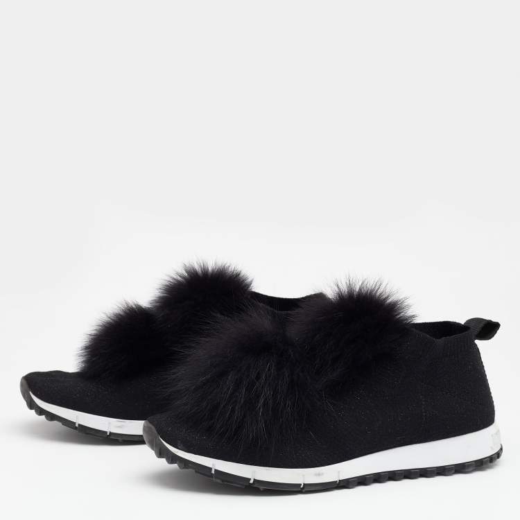 Jimmy Choo Black Fabric And Fur Pom Pom Norway Slip On Sneakers 40 Jimmy Choo | TLC