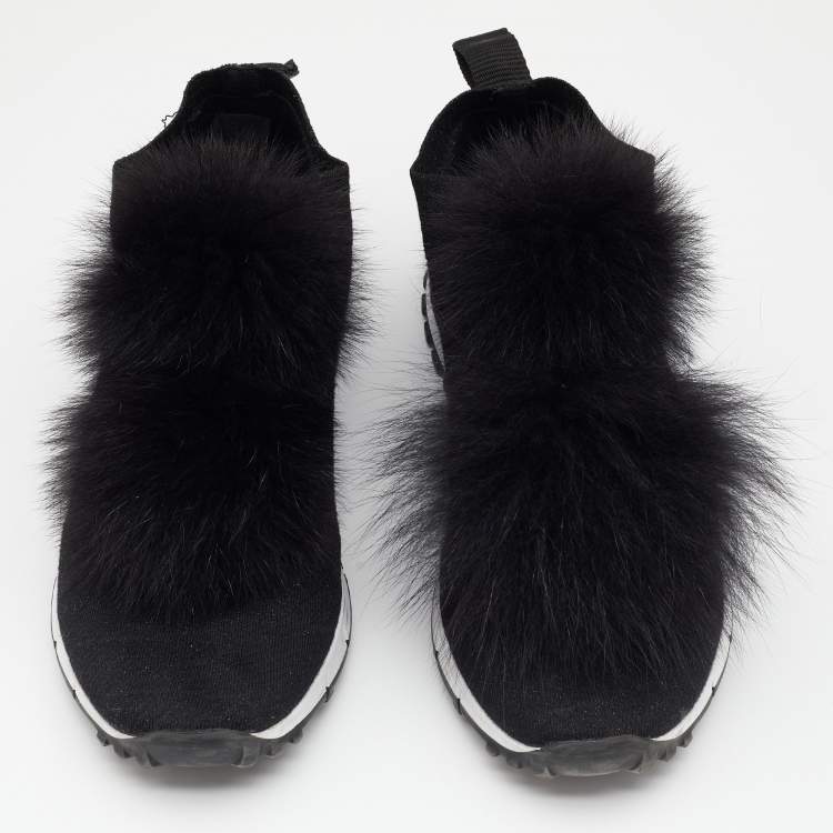 Pre Owned Jimmy Choo Black Knit Fabric And Fur Pom Pom Norway Slip On Sneakers Size 40