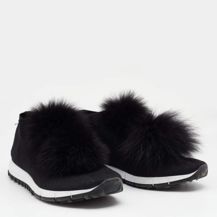Pre Owned Jimmy Choo Black Knit Fabric And Fur Pom Pom Norway Slip On Sneakers Size 40