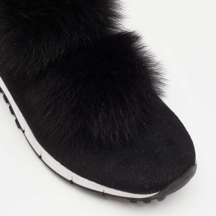 Pre Owned Jimmy Choo Black Knit Fabric And Fur Pom Pom Norway Slip On Sneakers Size 40