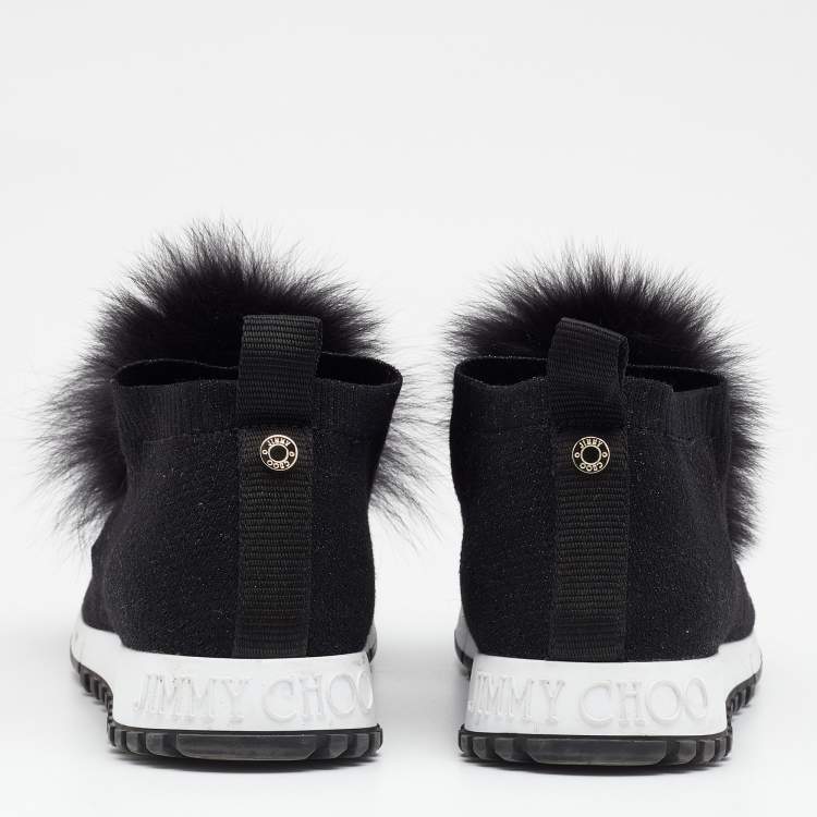 Pre Owned Jimmy Choo Black Knit Fabric And Fur Pom Pom Norway Slip On Sneakers Size 40