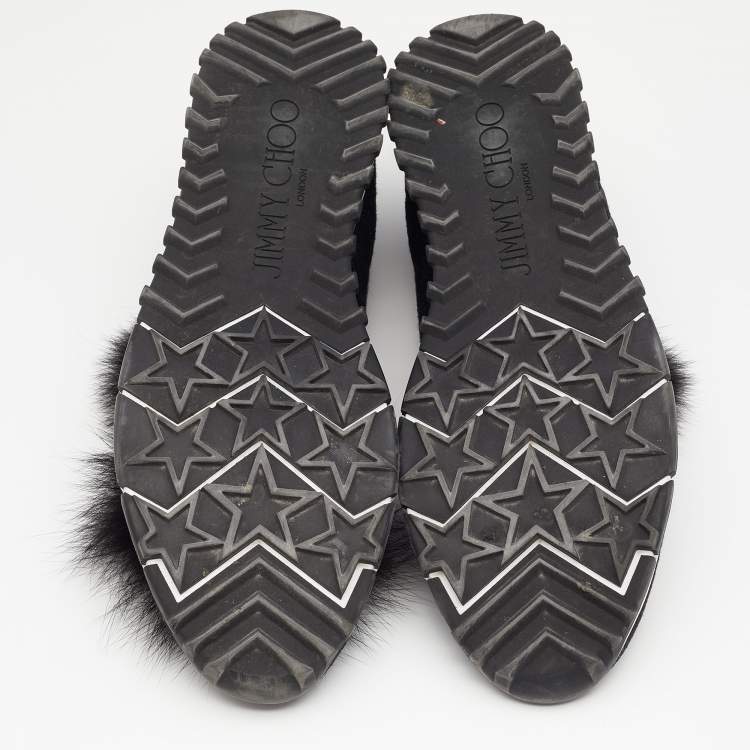 Pre Owned Jimmy Choo Black Knit Fabric And Fur Pom Pom Norway Slip On Sneakers Size 40