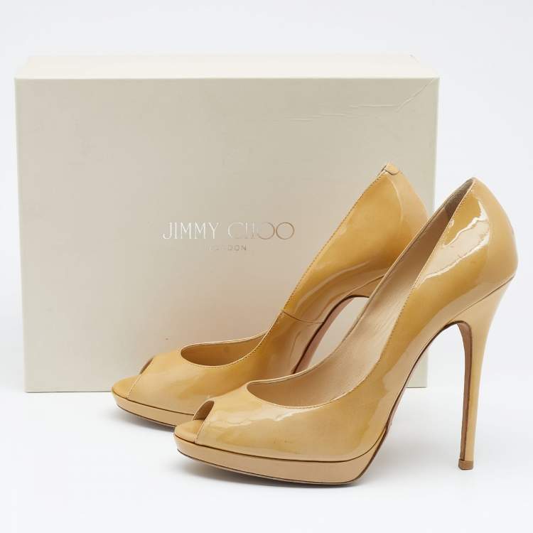 Pre Owned Jimmy Choo Beige Patent Leather Peep Toe Pumps Size 39