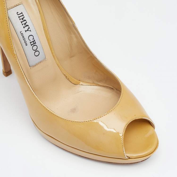 Pre Owned Jimmy Choo Beige Patent Leather Peep Toe Pumps Size 39