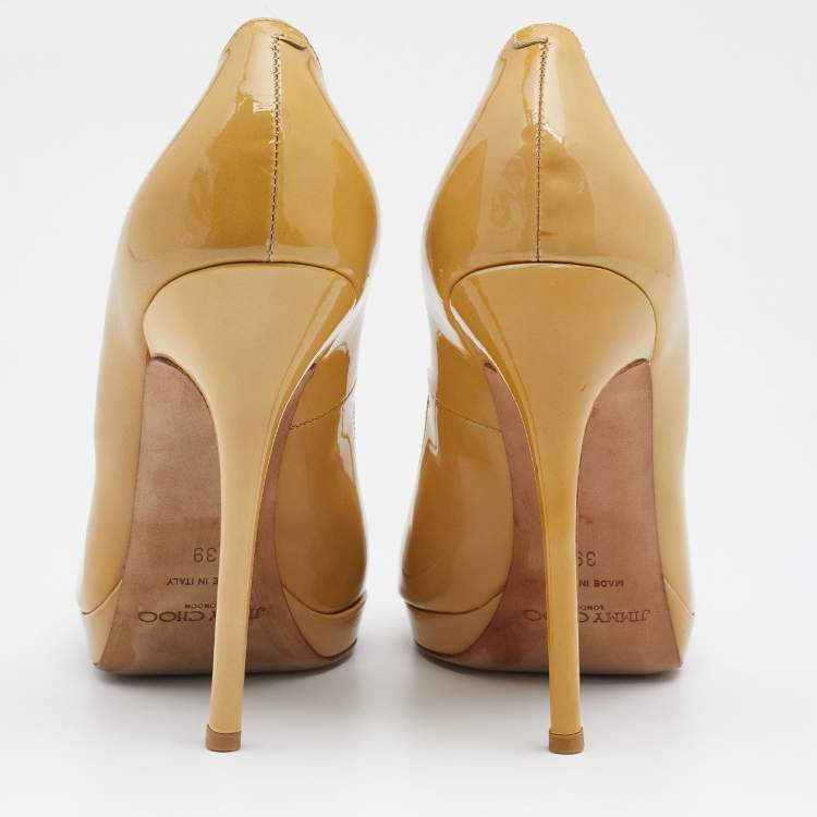 Pre Owned Jimmy Choo Beige Patent Leather Peep Toe Pumps Size 39