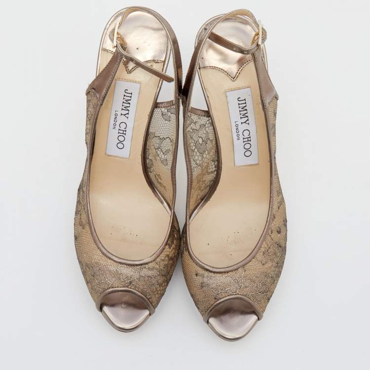 Pre Owned Jimmy Choo Metallic Brown Lace Dahlia Peep Toe Pumps Size 37