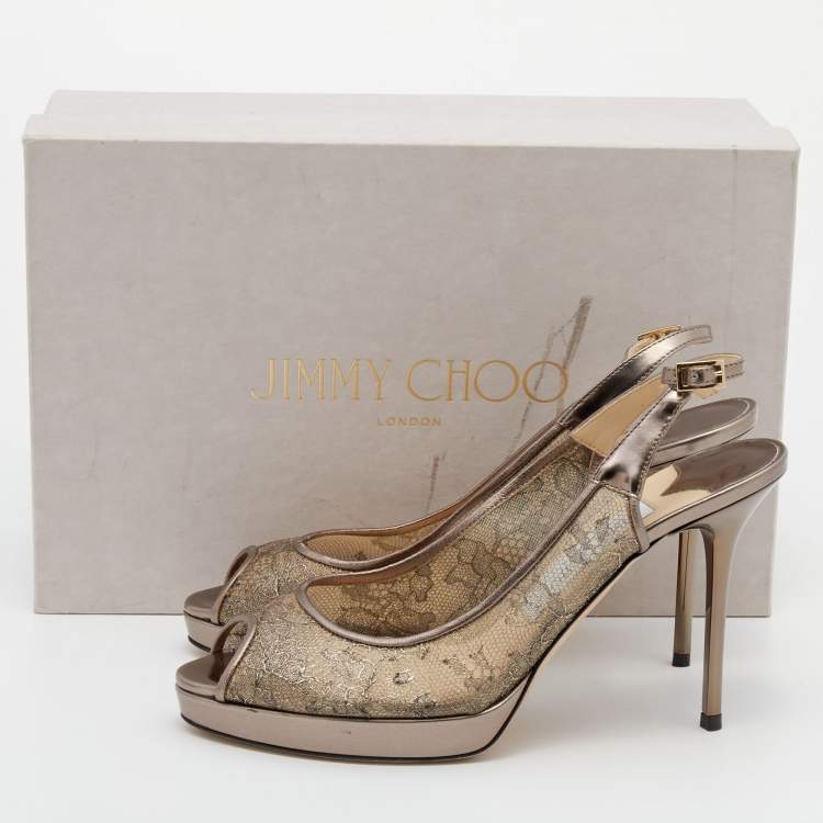 Pre Owned Jimmy Choo Metallic Brown Lace Dahlia Peep Toe Pumps Size 37