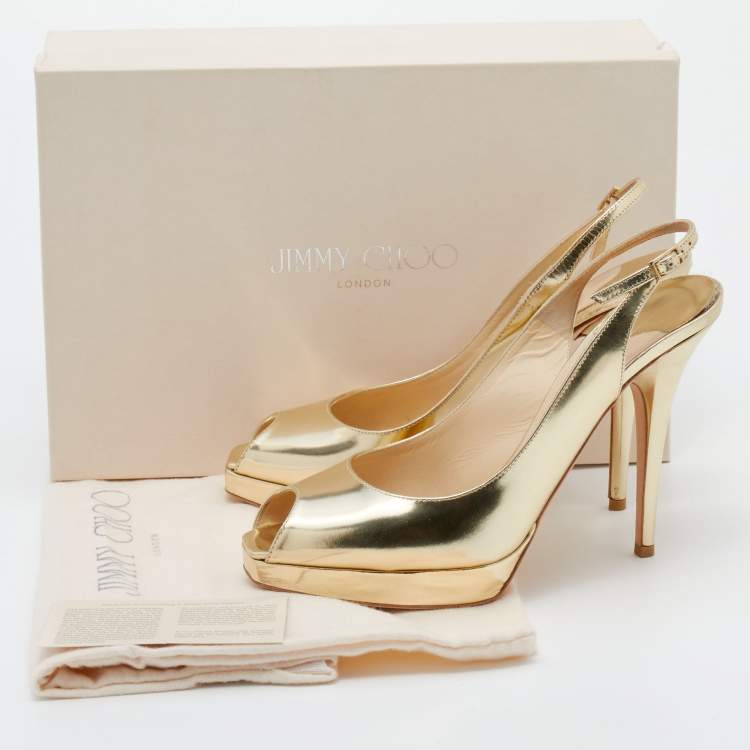 Pre Owned Jimmy Choo Gold Metallic Leather Clue Platform Slingback Sandals Size 39.5
