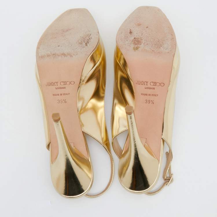 Pre Owned Jimmy Choo Gold Metallic Leather Clue Platform Slingback Sandals Size 39.5