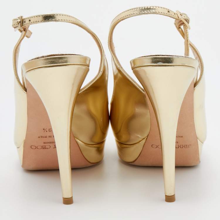 Pre Owned Jimmy Choo Gold Metallic Leather Clue Platform Slingback Sandals Size 39.5