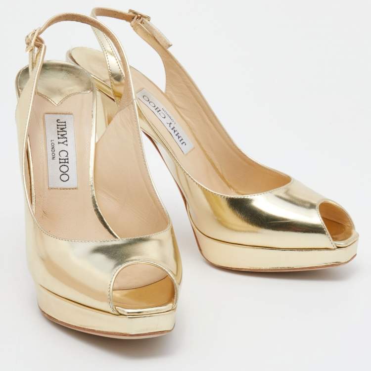 Pre Owned Jimmy Choo Gold Metallic Leather Clue Platform Slingback Sandals Size 39.5