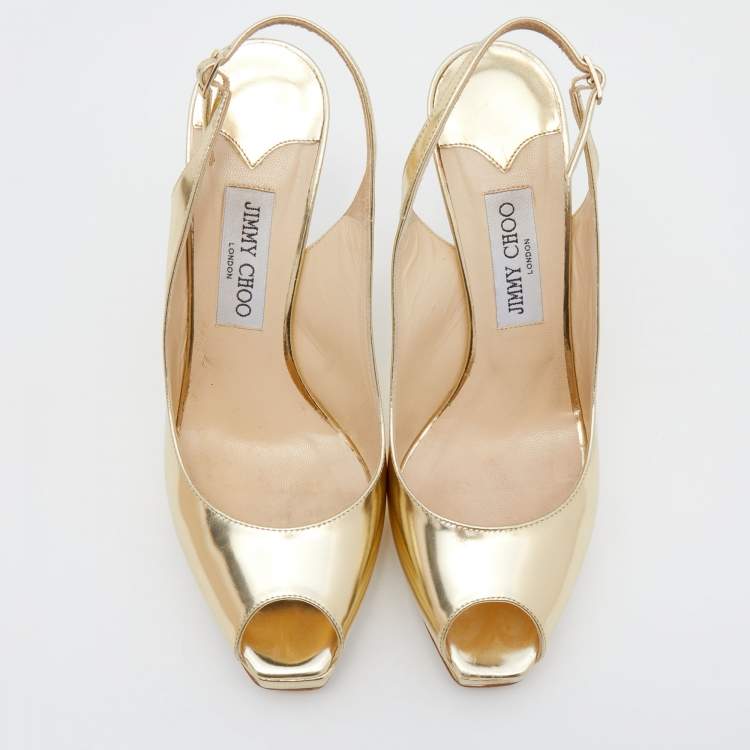 Pre Owned Jimmy Choo Gold Metallic Leather Clue Platform Slingback Sandals Size 39.5