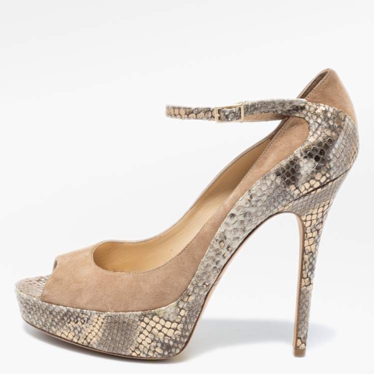 Pre Owned Jimmy Choo Beige/Gold Suede and Python Embossed Leather Tami Ankle-Strap Pumps Size 40