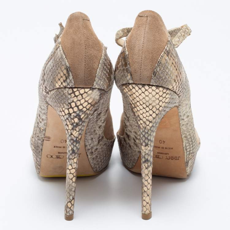 Pre Owned Jimmy Choo Beige/Gold Suede and Python Embossed Leather Tami Ankle-Strap Pumps Size 40