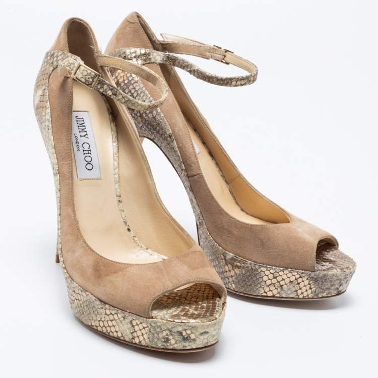Pre Owned Jimmy Choo Beige/Gold Suede and Python Embossed Leather Tami Ankle-Strap Pumps Size 40