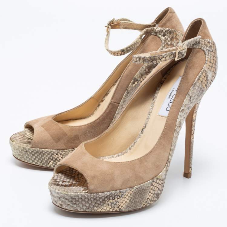 Pre Owned Jimmy Choo Beige/Gold Suede and Python Embossed Leather Tami Ankle-Strap Pumps Size 40
